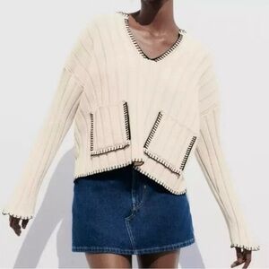 ZARA- Ivory Sweater with Black Contrasting Topstitch
